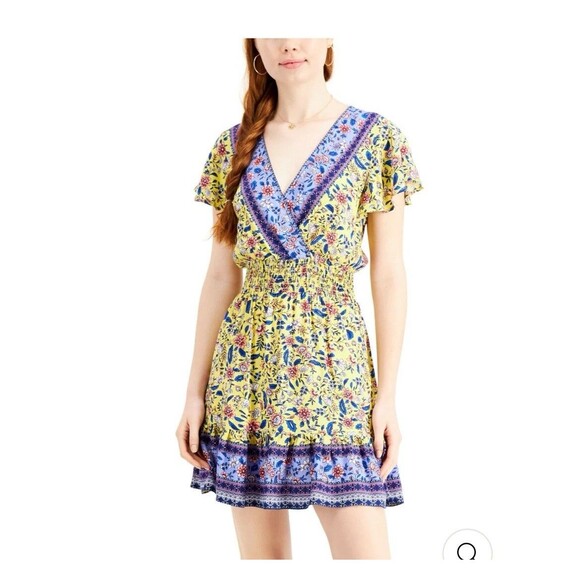 BEBOP Womens Yellow Flutter Sleeve Surplice Neckline Dress S - Picture 1 of 9